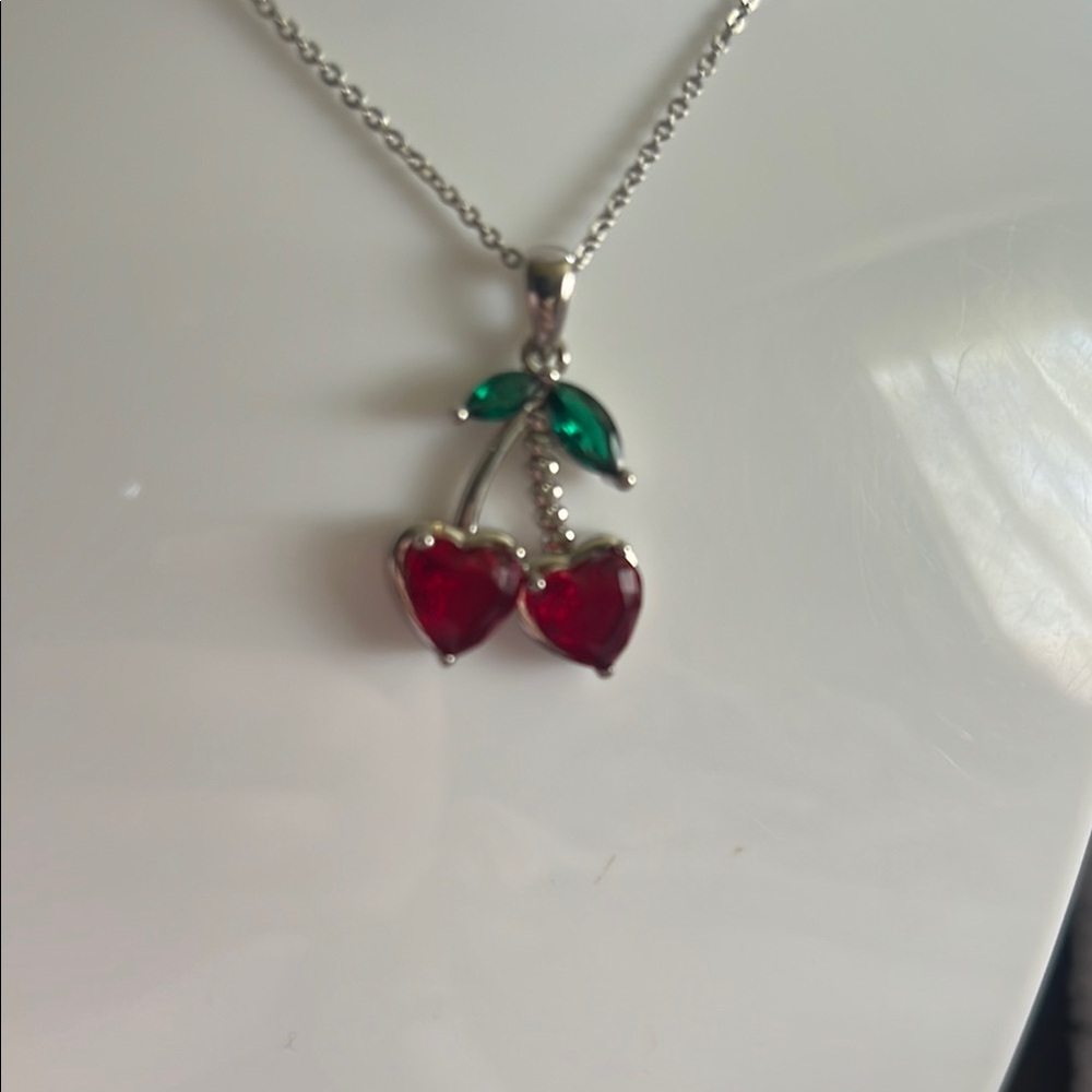 Cherry Pendant Necklace in Silver and Red - Picture 2 of 3
